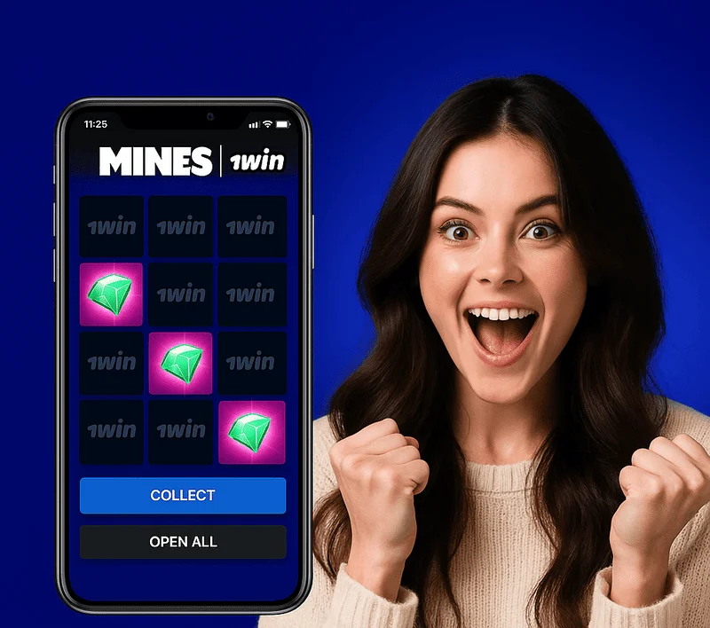 Mines 1win o‘yini telefon ekranida